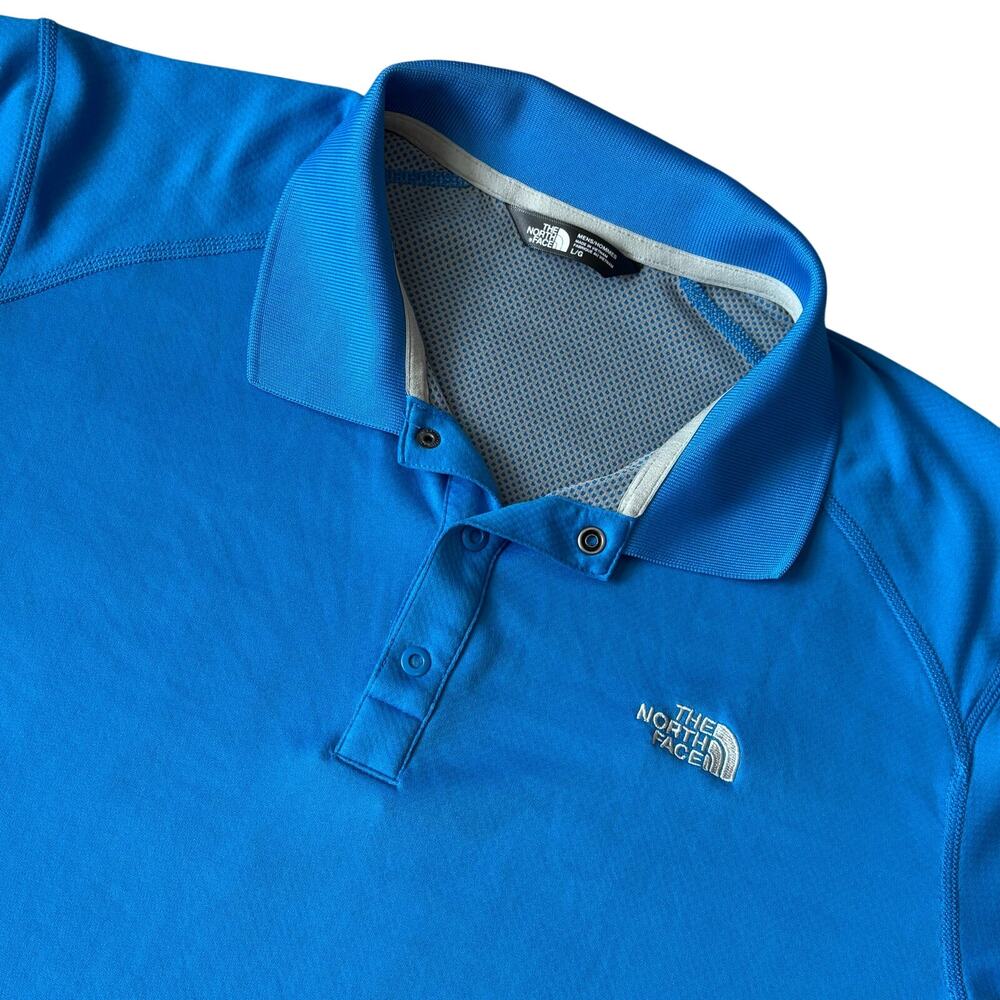 North Face Polo Shirt Large Performance Wear Golf Short Sleeve Blue Snap Button